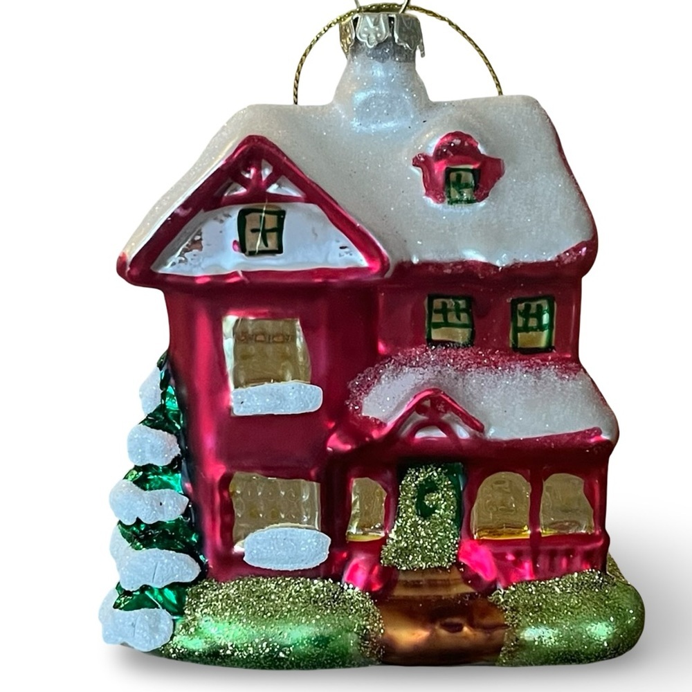 Festive Red Holiday House Glass Ornament